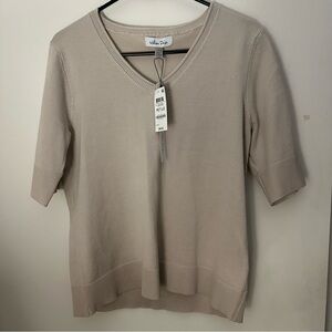NWT Melissa Paige Petite Rolled V-Neck Elbow-Sleeve Sweater PL Pumice Stone
